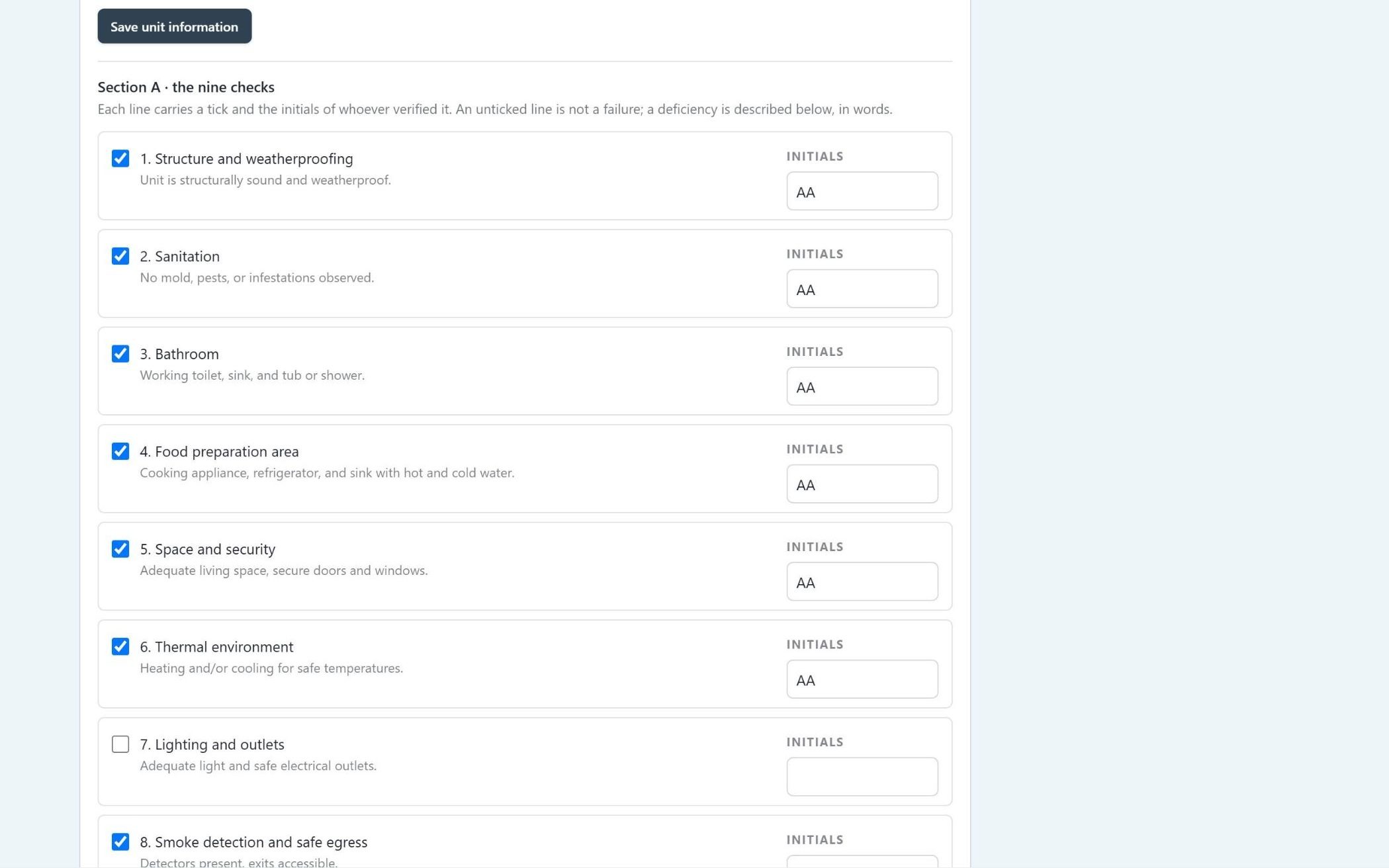 The habitability walkthrough checklist, filled in during the unit visit